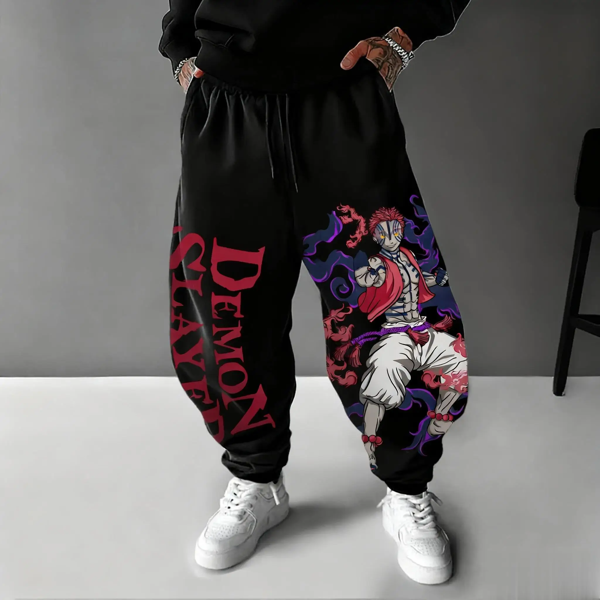 Streetwear Brand Beanie - 2026 デーモンスレイヤー Akaza アニメパンツ男性冬新ルーズカジュアルスウェットパンツ日本のストリートヒップホップズボンコスプレ Y2k