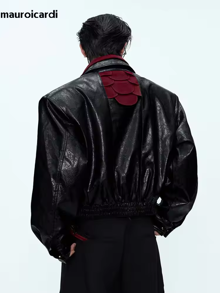 Streetwear Brand China - Mauroicardi 春秋パッチワークショートスネークスキンプリント Pu レザージャケット男性高級ブランドオリジナルエモストリートウェア服