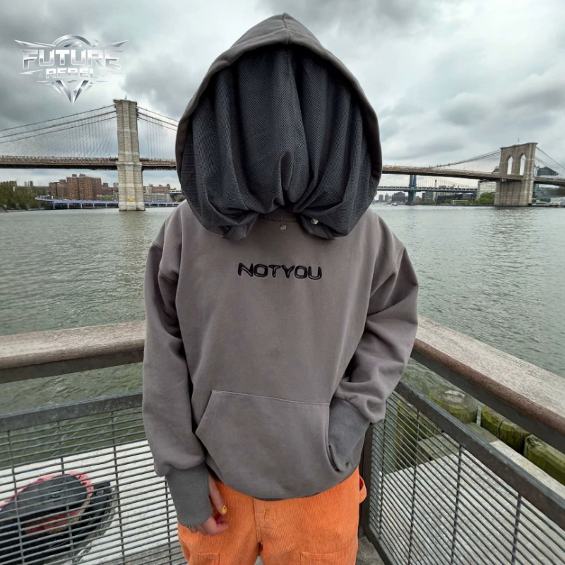 Streetwear Brand Beanie - ユニセックスボックスジャケットストリートウェアレトロメッシュマスクフーディーブラック刺繍取り外し可能なキャッププルオーバーY2Kアメリカンハイストリートデザイン